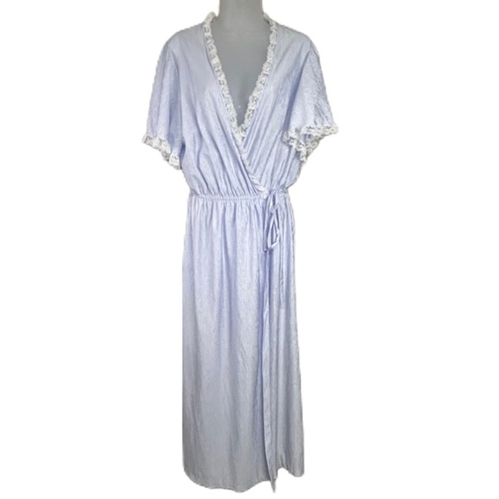 Vintage Womens Long Satin Robe Size L Lace Flouncy Boudoir Peignoir Coquette 80s - Picture 1 of 12